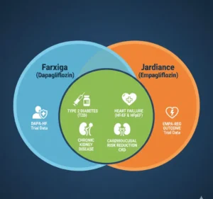A Venn Diagram showing overlapping circles for Farxiga vs Jardiance, with shared indications in the middle: T2D, HFrEF, HFpEF, CKD
